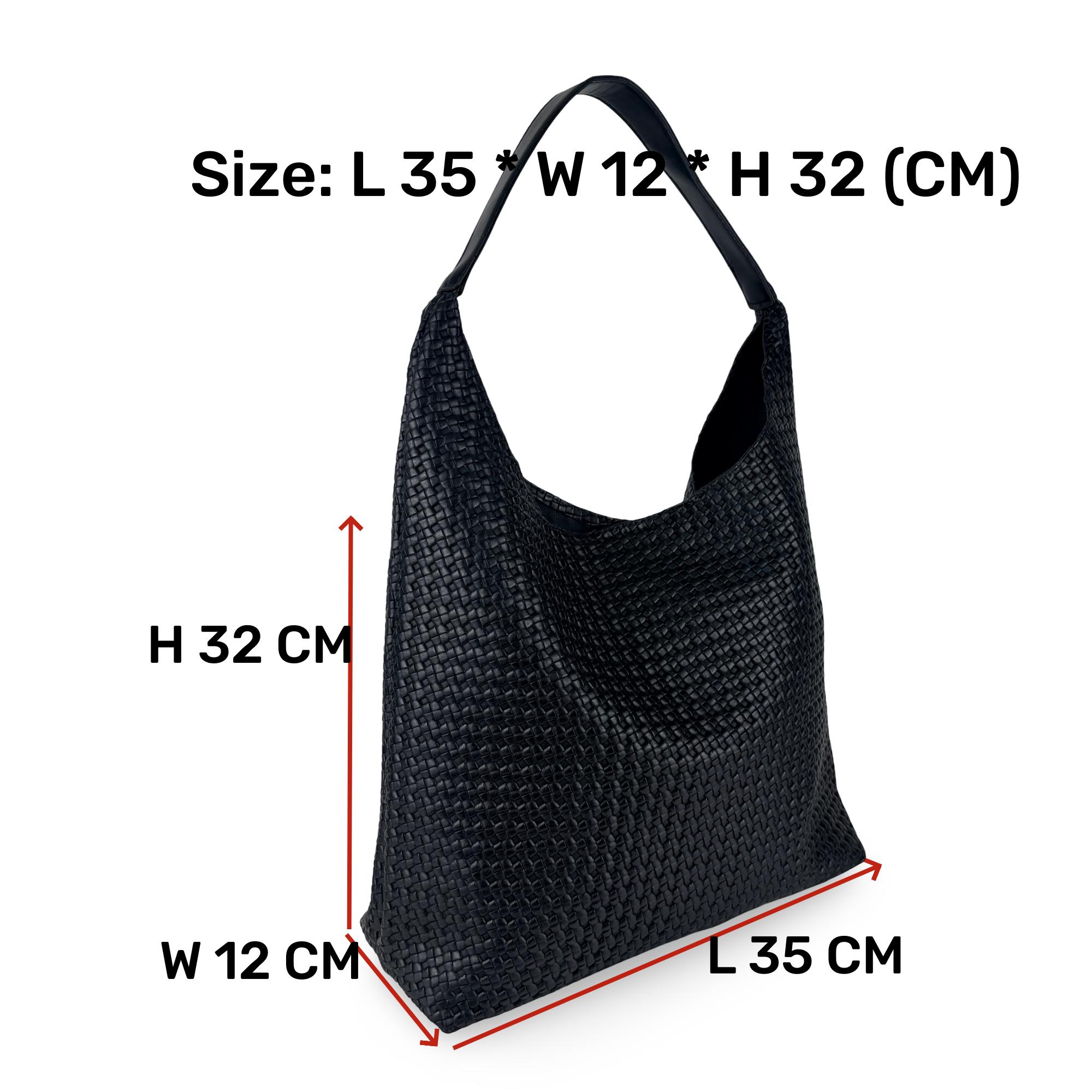 Black woven large faux leather casual handbag