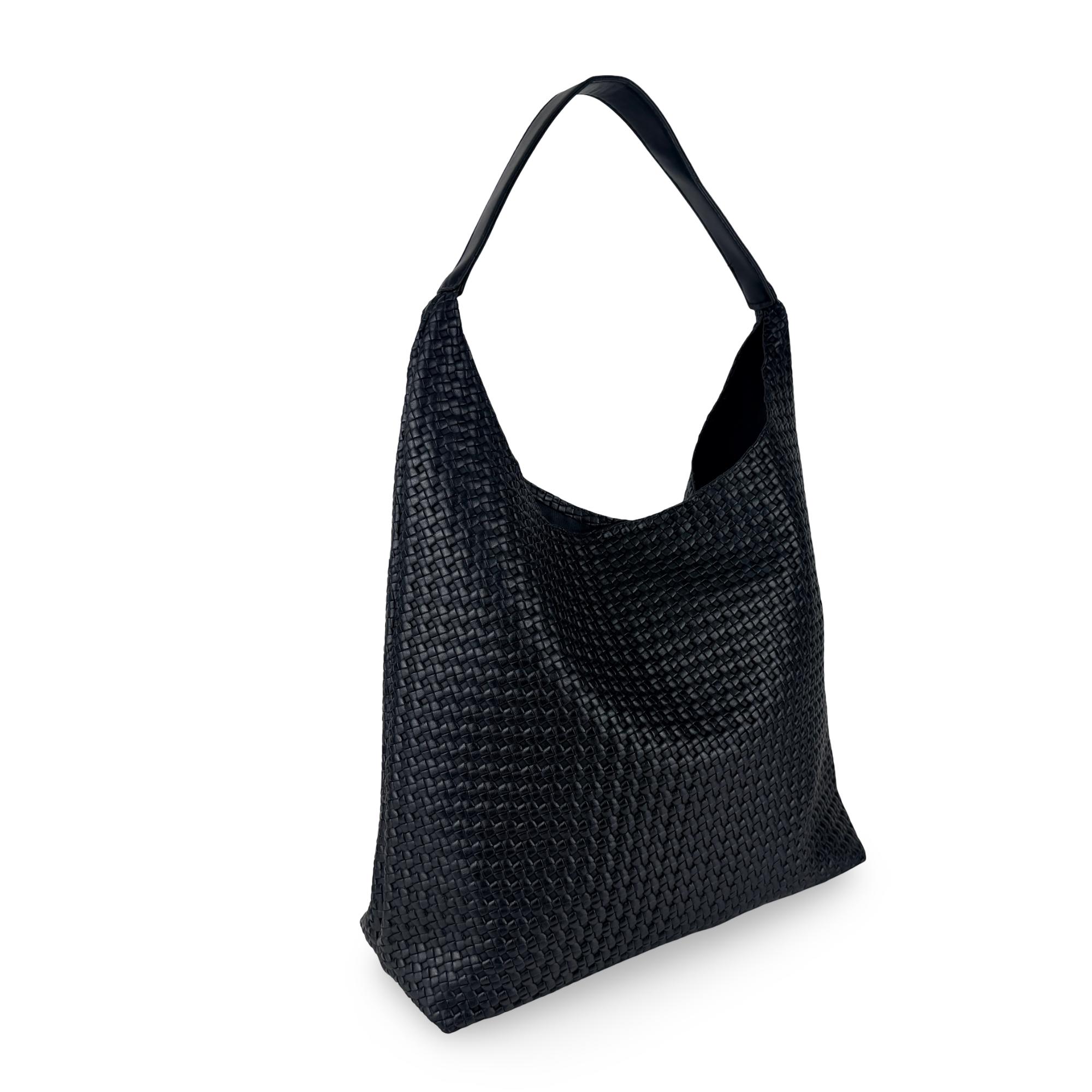 Black woven large faux leather casual handbag