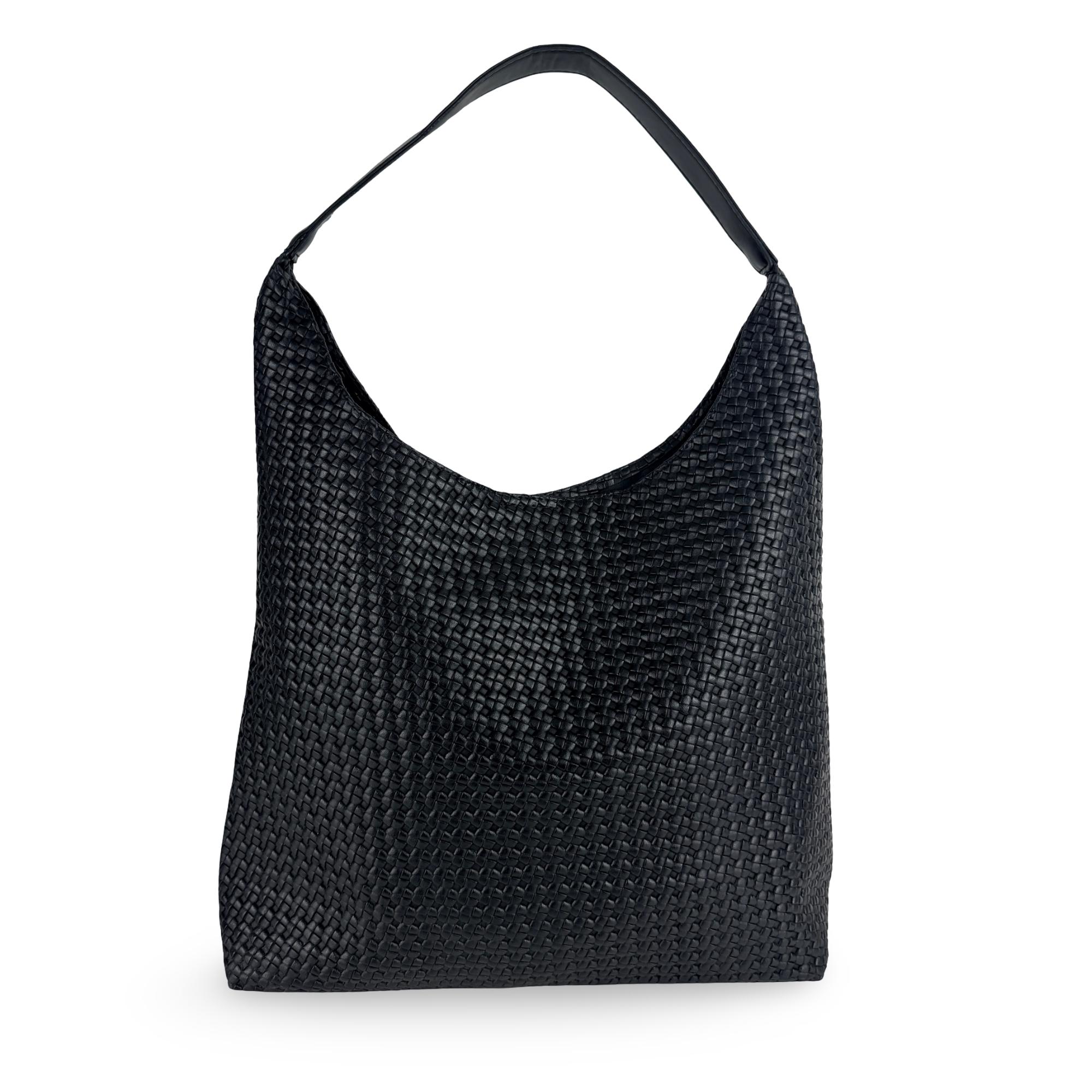 Black woven large faux leather casual handbag